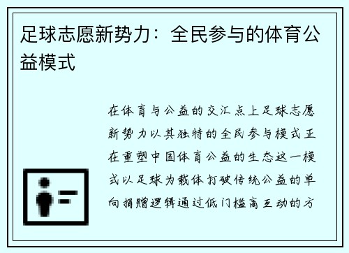 足球志愿新势力：全民参与的体育公益模式