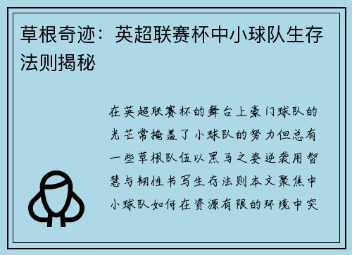 草根奇迹：英超联赛杯中小球队生存法则揭秘
