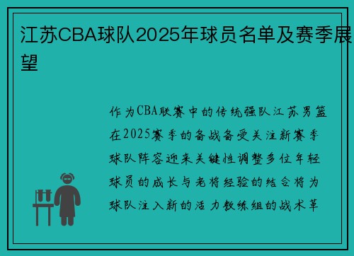 江苏CBA球队2025年球员名单及赛季展望